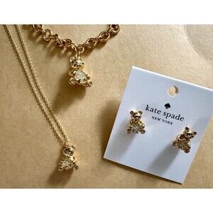 Kate Spade Oh What Fun Spade Teddy Bear Charm Bracelet Necklace Earrings Set NWT